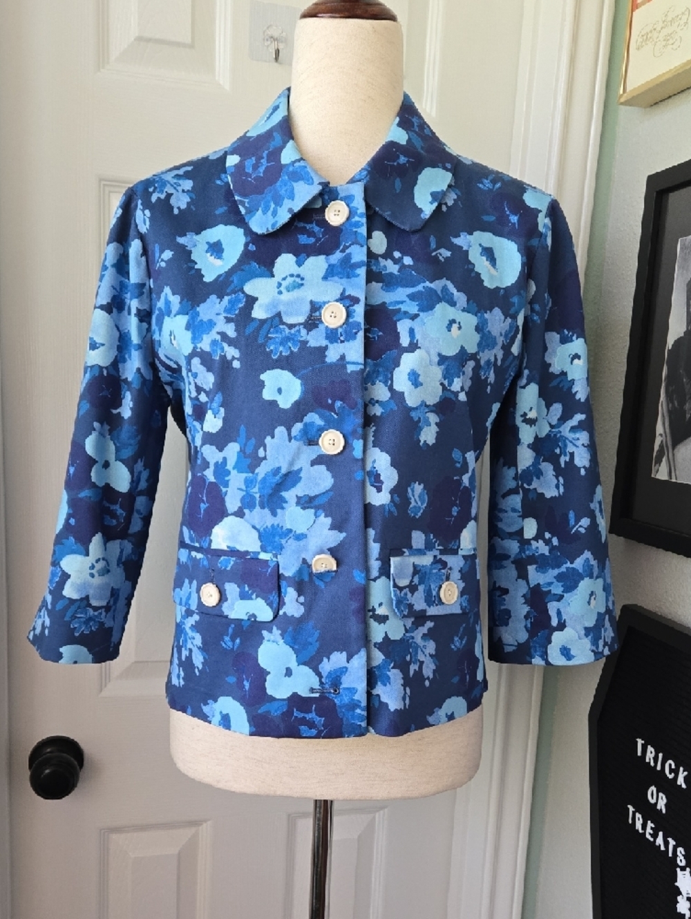 J. Crew Navy and Light Blue Floral Button Jacket, NWOT